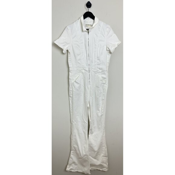 FREE PEOPLE Jayde Denim Flared Jumpsuit in Pure White Size X-Large - Picture 4 of 9